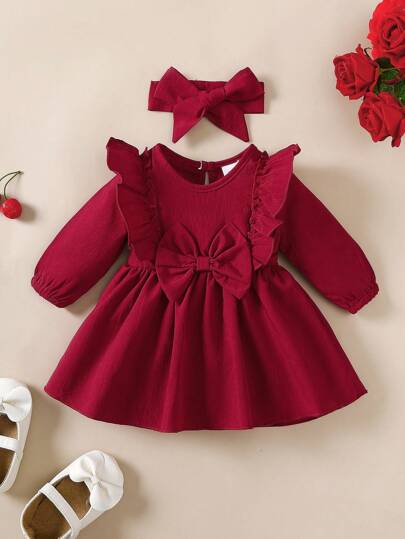 2pcs Baby Girls' Ruffle Hem Bow Decor Long Sleeve Dress And Headband Set