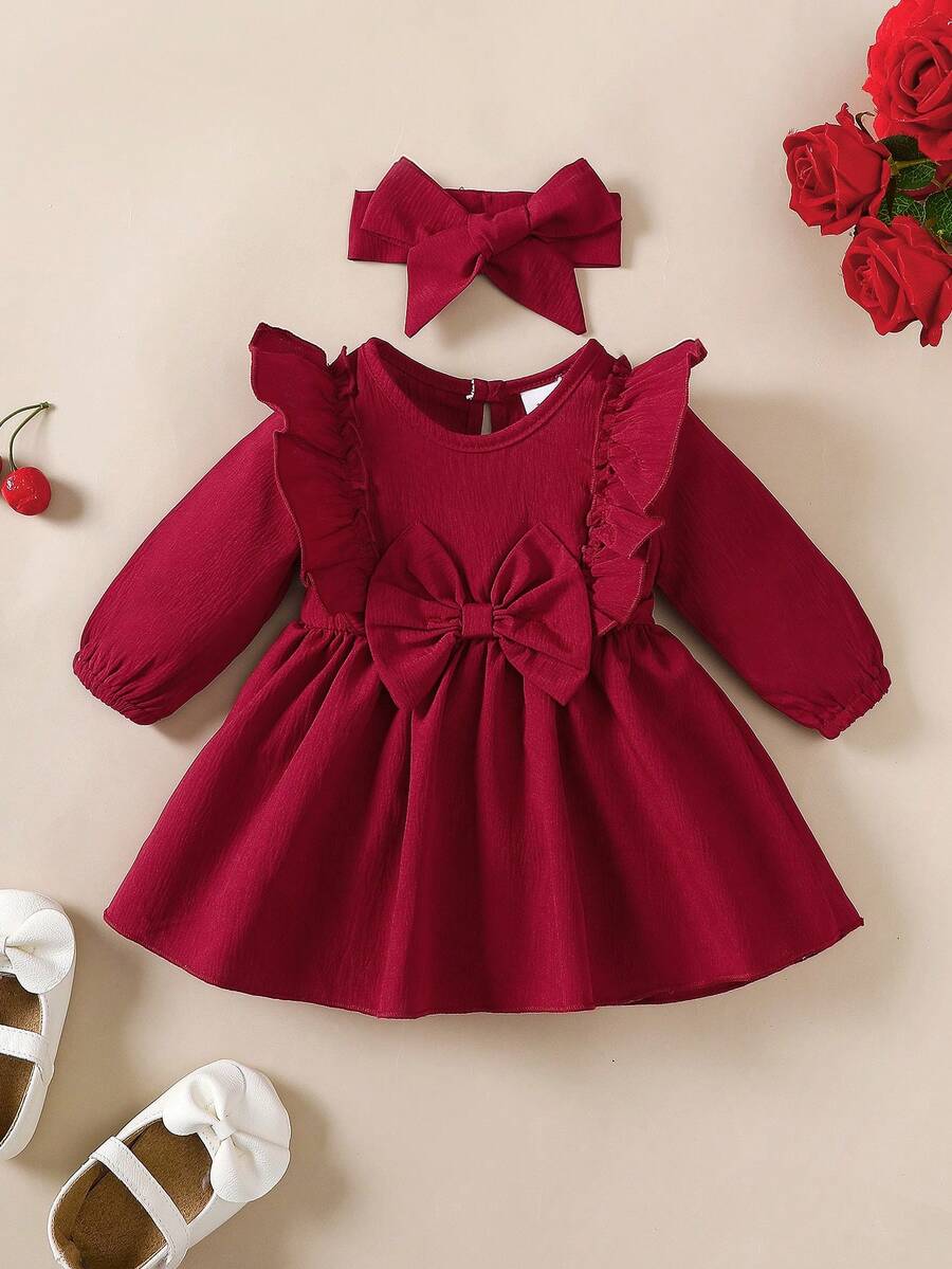 2pcs Baby Girls' Ruffle Hem Bow Decor Long Sleeve Dress And Headband Set - Burgundy - View 1