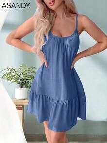 Solid Color Ruffle Hem Slip Dress - Blue - View 3