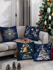 4 Stücke, einseitig bedruckter Kissenbezug, Blau und Gold Weihnachtsthema Schneeflocken und Glocken Serie Kissenbezug Set, 40x40cm/45x45cm/50x50cm, Heimdekoration Kissenbezug geeignet für Wohnzimmer Sofa und Schlafzimmer, Kissenkern nicht enthalten - Blau - Übersicht 2