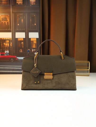 复古翻盖手提包，多功能成熟通勤风格信封包，仿麂皮面料，带铭牌吊饰的女士包