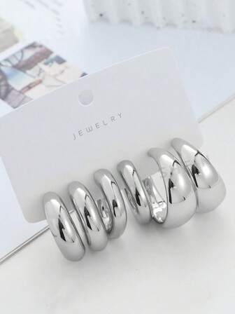 3 对女士粗银环形耳环开口环形耳环套装