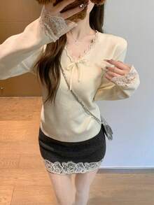 甜美蕾丝边V领长袖针织毛衣，韩版设计蝴蝶结吊带背心套头衫 - 白色 - 查看 3