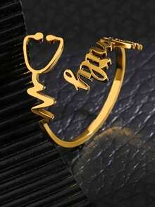 Customized Name Stethoscope Heart-Shaped Ring, Women's Stainless Steel Jewelry, 18K Gold Plated, Classic Minimalist Style, Suitable For Daily Wear And Valentine's Day Gift