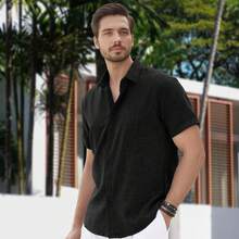 Camisa de lino para hombre, clásica, informal, de algodón, para verano, para playa, boda - Negro - Ver 2