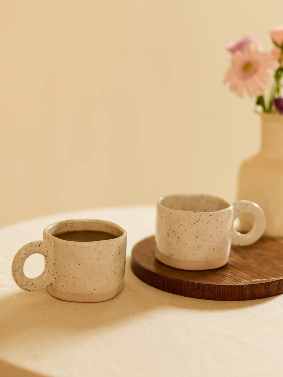 Cirelle 1pc Ceramic Coffee Mug With Asymmetric Shape And Ink Dot Pattern Back To School - Beige - View 1