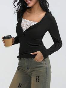 Women Teen Girls Clothes Lace Stitching V-Neck Fairy Crop Tops Y2K Long Sleeve Tight Shirt Spring Fall Downtown Girl Coquette Clothing Tops For Girls - 黑色 - 查看 2