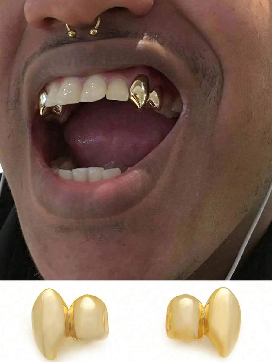 1 Pair Copper Alloy Fang Tooth Hiphop Teeth Jewelry, Party/Nightclub Decoration, Carnival Accessory, Unisex Personalized Stage Props, Includes Dental Mold For Adjustable Fit