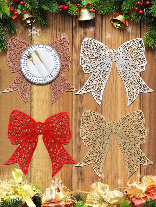 1/4/6 pezzi Tovagliette natalizie con fiocco in PVC e lamina d'oro, decorazione natalizia per hotel e ristoranti, isolamento termico e antiscivolo, adatte per matrimoni, feste di San Valentino, celebrazioni, picnic, banchetti di compleanno
