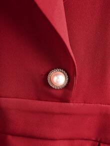 优雅女士深V领连衣裙，法式时尚风格，百搭欧式衬衫领连衣裙，修身学院风连衣裙，红色中长休闲连衣裙，适合办公室穿着 - 紅色 - 查看 7