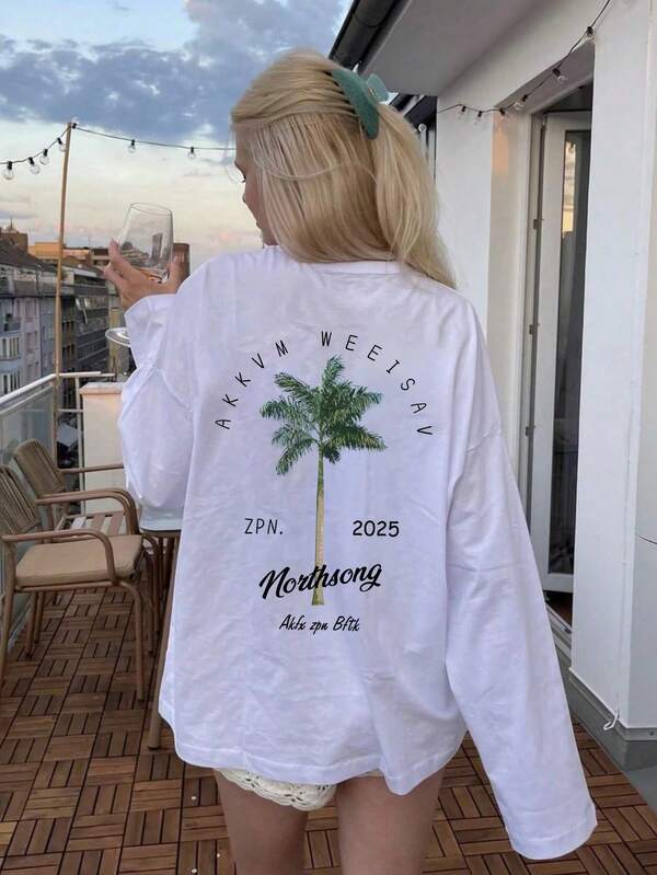 Women's Casual Dropped Shoulder Long Sleeve T-Shirt With Coconut Tree Print, Suitable For Spring Season