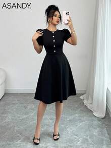 女士休闲纯色纽扣灯笼袖迷你连衣裙 - 黑色 - 查看 5