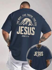 Men's "THE WAY THE TRUTH THE LIFE" Christian T-Shirt|John 14:6 Scripture & Mountain Design|Bold Faith Streetwear|100% Cotton|Unisex Fit|Ideal Gift For Believers & Worship Teams - 藏蓝色 - 查看 1