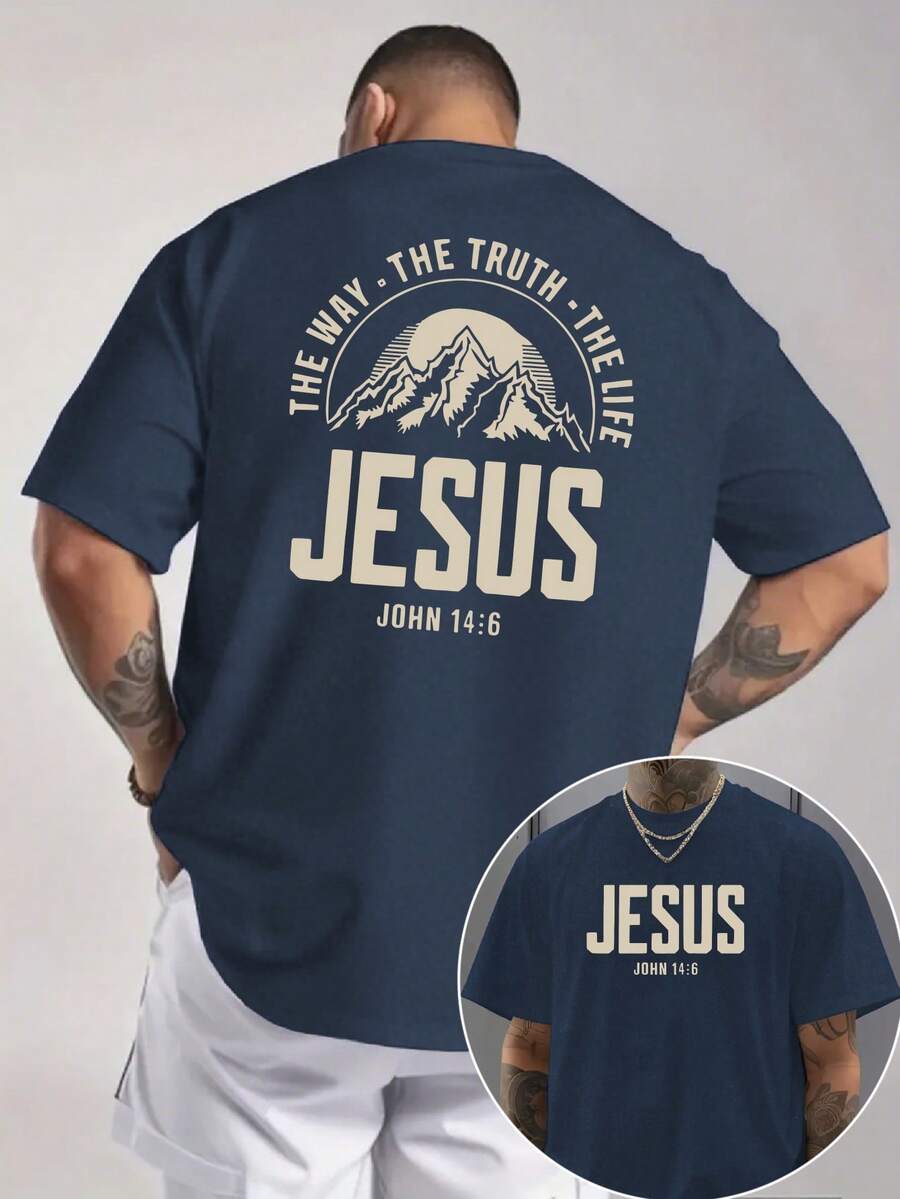 Men's "THE WAY THE TRUTH THE LIFE" Christian T-Shirt|John 14:6 Scripture & Mountain Design|Bold Faith Streetwear|100% Cotton|Unisex Fit|Ideal Gift For Believers & Worship Teams - 藏蓝色 - 查看 1