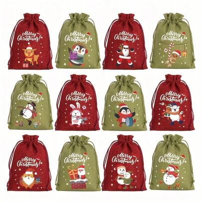 12 sacos de presente de estopa para o Natal com cordão, 9,94 x 14,9 cm, projetados com Papai Noel e duendes, adequados para joias, doces e pequenos presentes, perfeitos para reuniões de fim de ano e decorações de Natal, presentes de Natal (1/12 unidades)