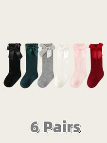 2/4/6双装圣诞系列红绿婴儿袜，西班牙风格蝴蝶结装饰公主长筒袜，适合幼儿女童 - 彩色 - 查看 5