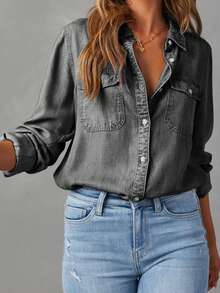 Women Denim Shirts Solid Color Turn Down Collar Long Sleeve Jean Blouses Spring Loose Casual Tops Streetwear Vestidos Casuales - Màu xám đen - Xem 2