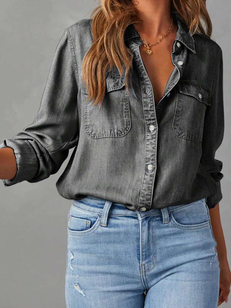 Women Denim Shirts Solid Color Turn Down Collar Long Sleeve Jean Blouses Spring Loose Casual Tops Streetwear Vestidos Casuales - Màu xám đen - Xem 2