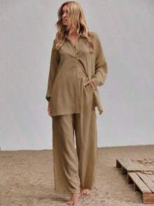 Women's Two-Piece Suit, Consisting Of Palazzo Pants + Long-Sleeved Blouse, With Adjustable Belt And Pockets, Made Of High-Quality Fabric, With Very Good Texture. - Màu Khaki - Xem 5