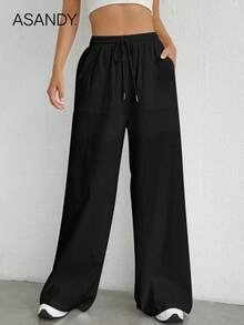 2pcs/Set Loose Fit Wide Leg Pants, Drawstring Waist Plain Color Casual Trousers Summer - Multicolor - View 7