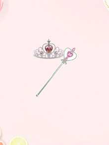 2pcs Ice Princess Crown & Heart Magic Wand Combo, Children Cosplay Princess Role Play Headband & Fairy Wand