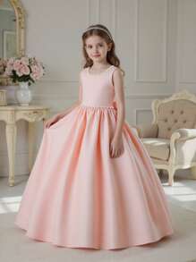 Tween Girl Elegant Backless V-Neck Bow Floral Dress, Princess Gown Suitable For Girls Wedding, Party, Birthday, Communion, Special Occasions - Pink - View 2