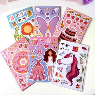 6 Pieces/Pack Laser Face Changing Stickers Collage Butterfly Flower Cake Candy Princess Unicorn Series Diy Colorful Puzzle Gift Stickers