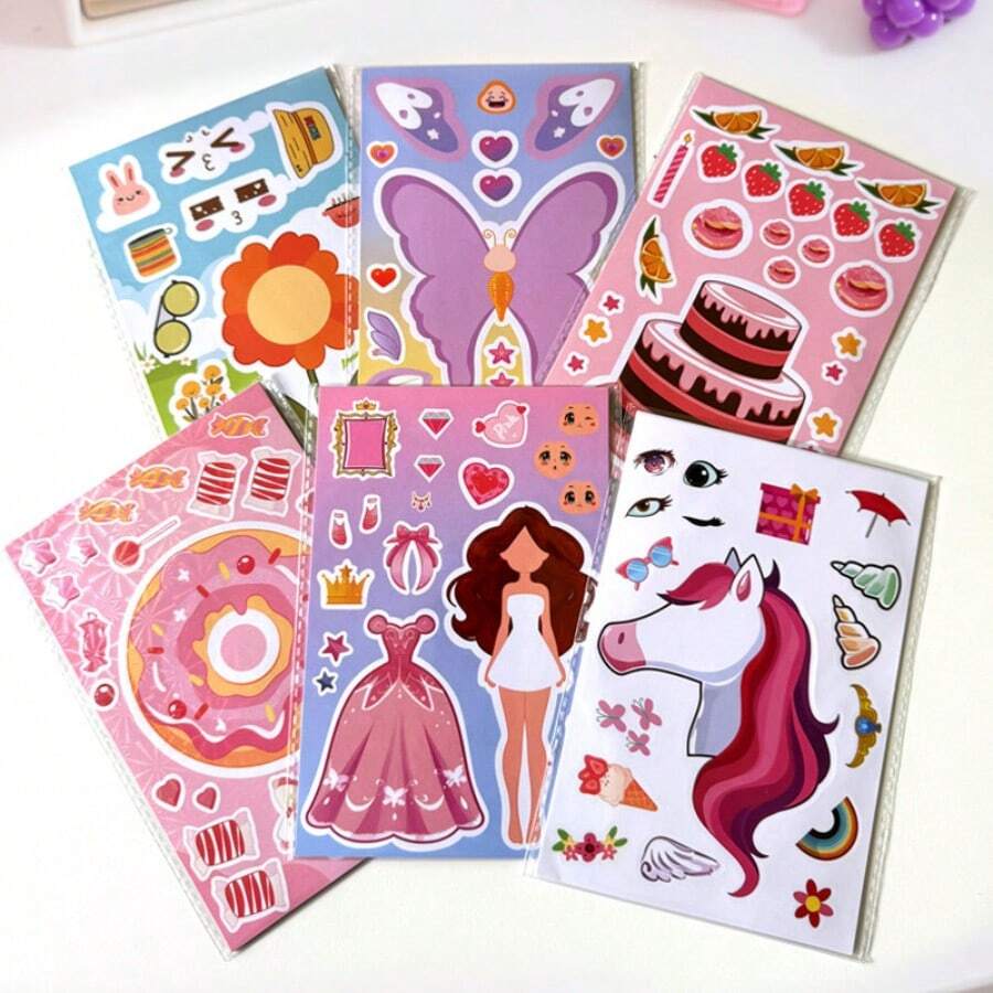 6 Pieces/Pack Laser Face Changing Stickers Collage Butterfly Flower Cake Candy Princess Unicorn Series Diy Colorful Puzzle Gift Stickers - Multicolor - View 1