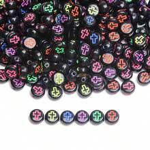 200/600Pcs 6mm Square/7mm Flat Round Acrylic Beads Cross Pattern Beads Loose Spacer Beads For Jewelry Making DIY Bracelets Accessories - Nền đen với các ký tự màu/hình dẹt - Xem 3