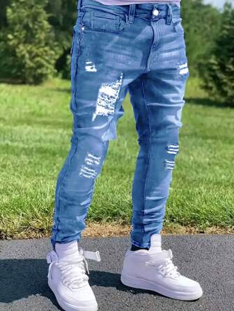 بنطلون كاجوال رجالي مريح مطاطي ممزق مبهور بقصة ضيقة، بنطلون جينز قطني سميك بلون قوي مناسب للأنشطة في المدينة والطبيعة مع العائلة، صالح لجميع المواسم