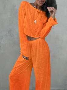 Set de 2 piezas de unicolor con top de manga larga de cuello redondo y pantalones, última , transpirables, cómodos, suaves, holgados y elásticos, adecuados para usar tanto en exteriores como en interiores, ropa de otoño