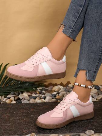 女士多功能时尚休闲鞋，平底防滑系带圆头橡胶底休闲运动鞋，黑色和卡其色拼色，日常搭配，鞋子，休闲鞋，尺码 36-42，