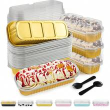 60 moldes para tarta de hornear desechables con tapa+cuchara. Nuestros mini moldes para tartas están hechos de papel de aluminio de calidad alimentaria, que puede mantener su forma tanto a temperaturas frías como calientes  para su uso en vaporeras, hornos, frigoríficos y freidoras de aire.Nuestros mini moldes para hornear pan se pueden utilizar para fiestas de cumpleaños, picnics al aire libre, barbacoas, bodas, etc. También es ideal para regalar a amigos o hacer pasteles para vender en panaderías. Se puede utilizar para tartas, creme brulee, gelatinas, leche al horno y otros postres. - Dorado Gold - Ver 9