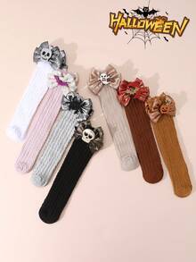 1 双女孩简约万圣节趣味卡通装饰踝袜，闪亮蝴蝶结点缀纯色罗纹及膝袜，四季皆宜 - 彩色 - 查看 4