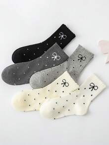 5双春秋冬儿童袜子，黑色，白色，灰色，波点，蝴蝶结袜子，百搭，休闲运动女童袜 - 彩色 - 查看 1