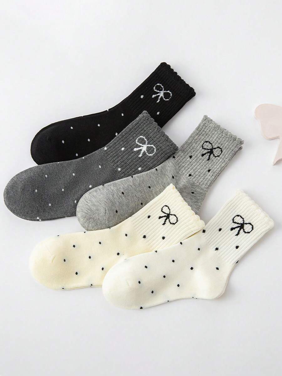5双春秋冬儿童袜子，黑色，白色，灰色，波点，蝴蝶结袜子，百搭，休闲运动女童袜 - 彩色 - 查看 1