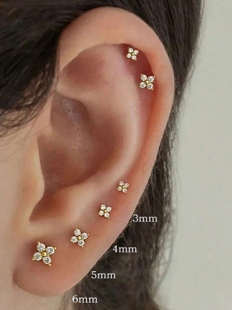 4 Stücke zarte kleine CZ Blumen Ohrstecker Set, stapelbar, 14 Karat vergoldete Blumen Ohrringe geeignet für Knorpel, Helix, Tragus Piercings, funkelnde CZ Ohrstecker Set, exquisiter Schmuck für Männer und Frauen - Gold-4# - Übersicht 2
