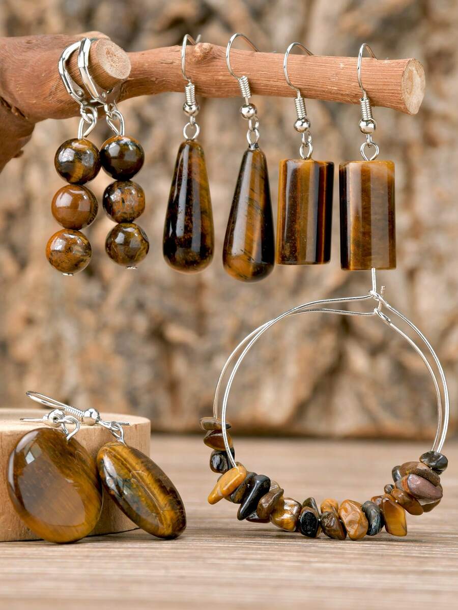 复古天然虎眼石耳环 日出 - 优雅棕色吊坠耳环，镶嵌多面切割宝石，水滴形、几何形和圆形吊坠耳环