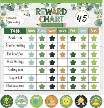 Chart For Kids, Magnetic Behavior Chore Chart For Kids At Home, 26 Eucalyptus Chore Charts, 1960 Star Stickers, 56 Reward Stickers, Incentive Chart To Develop Responsibility And Good Habits, Greenery