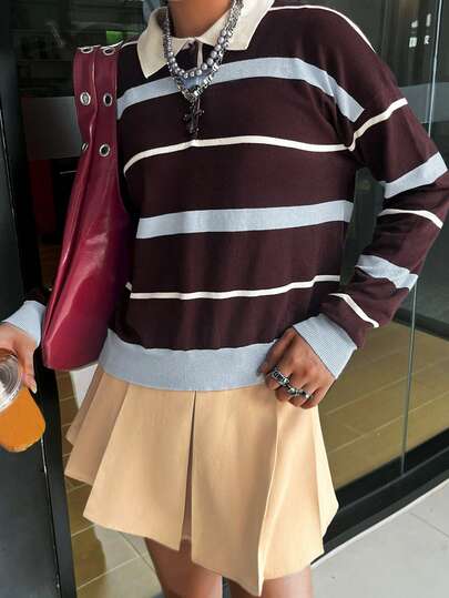 秋季服装冬季服装休闲简约学院风拼色条纹女式 Polo 衫纽扣领长袖宽松 T 恤，适合秋冬季、复古/怀旧、性感、可爱、Y2K、椰子女孩、波西米亚风、嬉皮士、音乐节