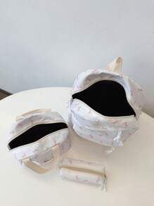 3pcs Nylon Bow Print Backpack Set, Foldable Multi-Pocket Large Capacity Waterproof Zipper Backpack, Suitable For Teenagers, High School Students, College Students, Ladies For Daily Use, Commuting, Travel, Valentine's Day Gift