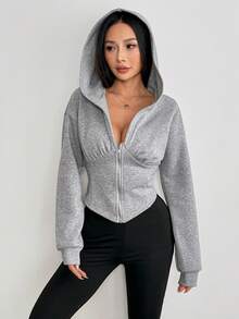 1pc Vintage Loose Fit Sweatshirt, Versatile American Style Zip-Up Jacket - Grey - View 3