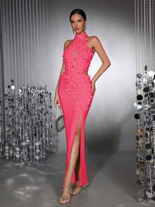 全新时尚 3D 花卉性感立领无袖镂空露背高开衩绷带长裙，优雅女士正式晚礼服，适合婚礼、派对、节日 - 玫紅色 - 查看 10