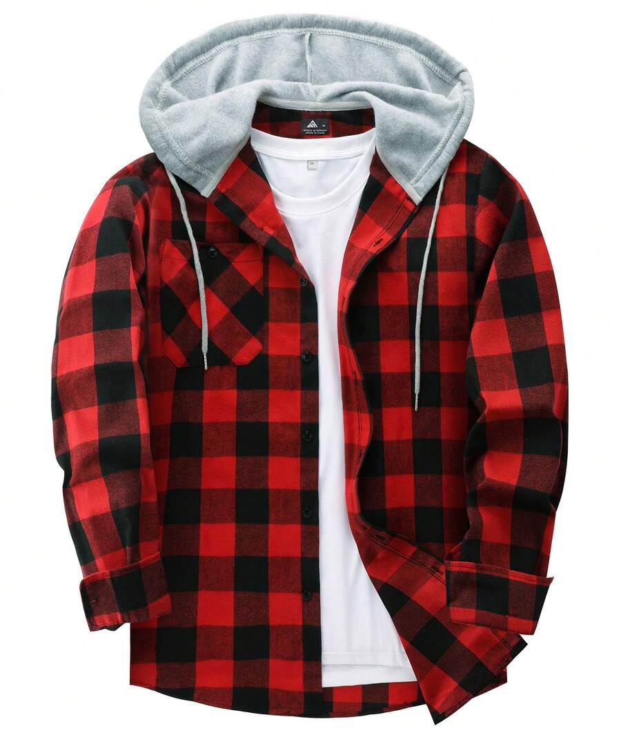 Mens Flannel Hoodie Shirts Long Sleeve Casual Plaid Jackets - 紅色 - 查看 1