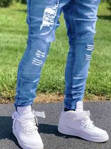 1pc Men's Slim Fit Stretchy Distressed Ripped Casual Cargo Pants, Street Style Breathable Thick Solid Color Jeans Suitable For City Walking, Parent-Child Outdoor Activities, All Season - Light Wash - View 3