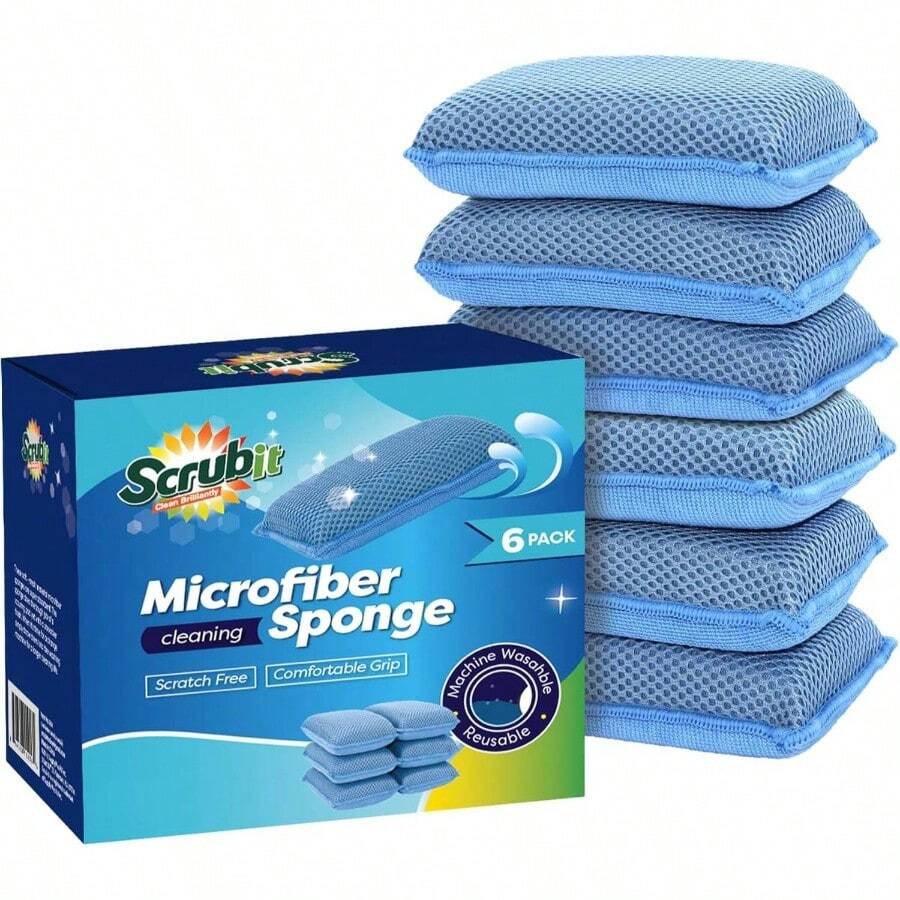 Miracle Microfiber Kitchen Sponge By ScrubIt 6 Pack NonScratch Heavy Duty Dishwashing Cleaning Sponges Machine Washable Blue