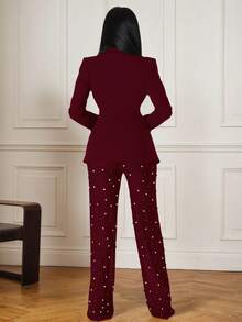 Completo da donna con blazer a collo scialle nero e pantaloni in rete trasparente con perline, set formale con bottoni, maniche regolari a media elasticità, adatto per autunno/inverno, colori disponibili: nero, bianco, bordeaux, design scollo a V profondo, abito da sera