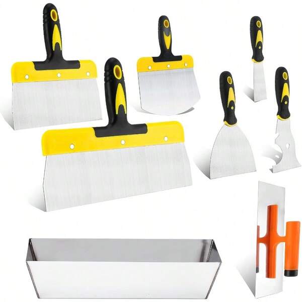 Drywall Knife Set 8 Pieces Stainless Steel Drywall Hand Tool Kit Includes Taping Knives Putty Knives Finishing Trowel Mud Scoop And 12 Mud Pan With Ergonomic Handles For Drywall Work