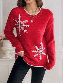 كنزة عيد الميلاد أنيقة وعصرية للنساء مزينة بتصميم متباين من الحواف المحبوكة بنمط رقائق الثلج، مناسبة للارتداء اليومي في فصلي الخريف والشتاء