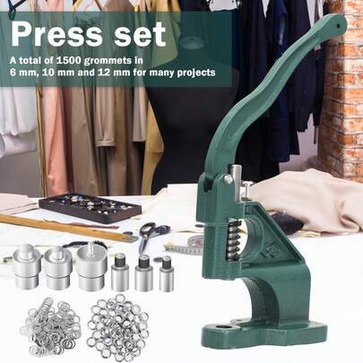 1pc Hand Press Grommet Eyelet Machine With 3 Dies & 1500pcs Grommets – Heavy Duty Manual Eyelet Tool Kit For Fabric, Leather, Canvas, Banners, Curtains, Belts, Bags – Includes 6mm, 10mm, 12mm Grommets + Hole Punches